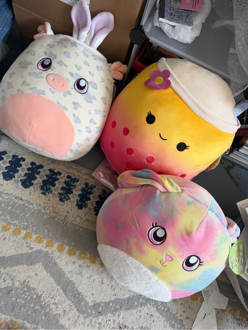 Squishmallows Trio Plush Bundle - Pastel Bunny, Strawberry, Rainbow Cat